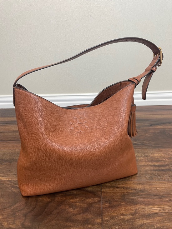 Tory Burch Handbags - Tory Burch Thea Cognac Pebbled Leather Hobo Shoulder Bag with Tassel